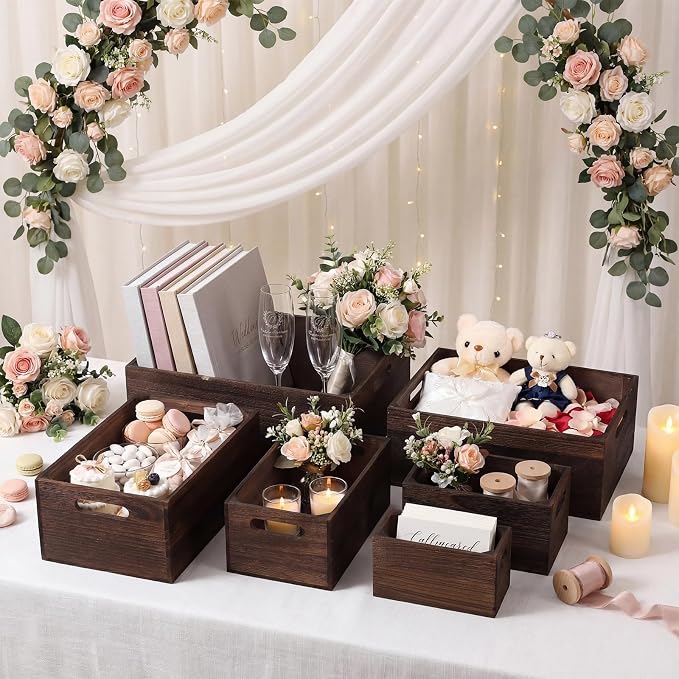 AceOrbit Set of 6 Rustic Wood Crates, Nesting Storage Boxes,Dark Brown | Distressed Wooden Containers with Cutout Handles, Vintage Farmhouse Wedding Party Decor, Decorative Baskets for Supplies - Image 3