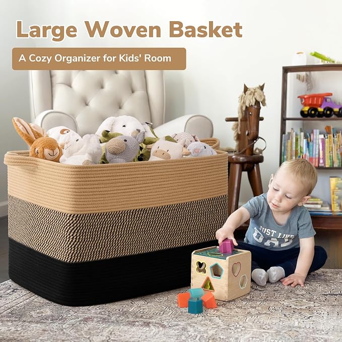 Goodpick 105L Extra Large Woven Rope Blanket Basket, Rectangle, Black Jute | 25'' x 16'' x 16'' Storage Basket for Blankets, Pillows & Toys, Living Room & Bedroom Organization, Reinforced Handles - Image 2