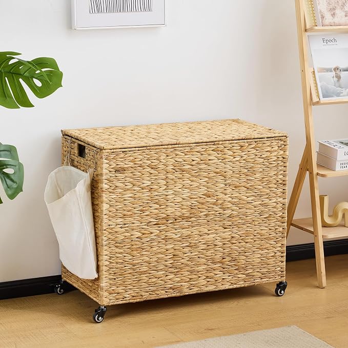 Laundry Hamper with Wheels, 52.8 Gallon(200L) Water Hyacinth Laundry Basket with Lid, 3-Section Wicker Clothes Hamper with 3 Removable Liners, Laundry Sorter with Side Pocket, Natural - Image 5