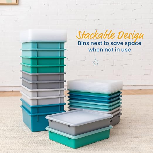 ECR4Kids Letter Size Deep Tray with Lid, Storage Bin, Contemporary, 10-Piece | Durable plastic, GREENGUARD Gold Certified, 1 gallon capacity, stackable/nestable, easy-lift lids, classroom & home use - Image 5