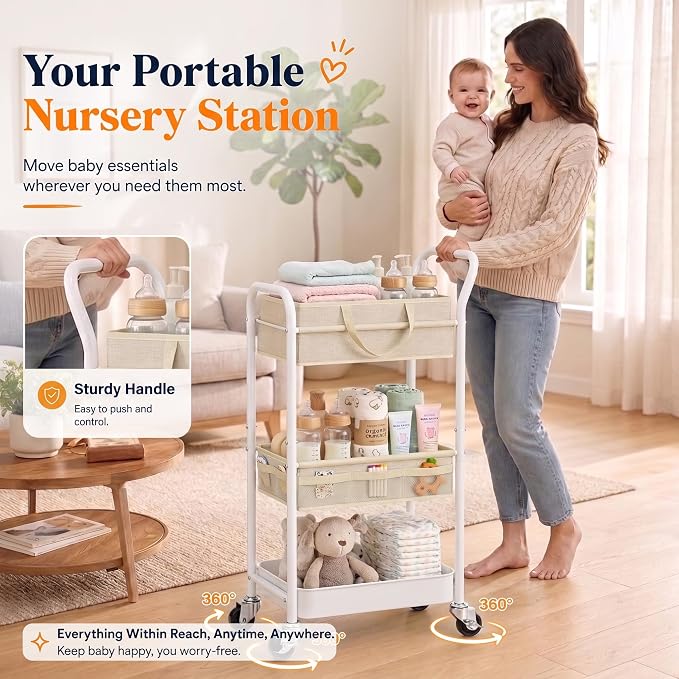 Baby Diaper Caddy Organizer Cart with Adjustable Shelf and Detachable Dividers, Off-White 3 Tier Rolling Storage Cart Metal on Wheels, Bedside Trolley Carts for Baby Essentials, Nursery, Newborn Stuff - Image 3
