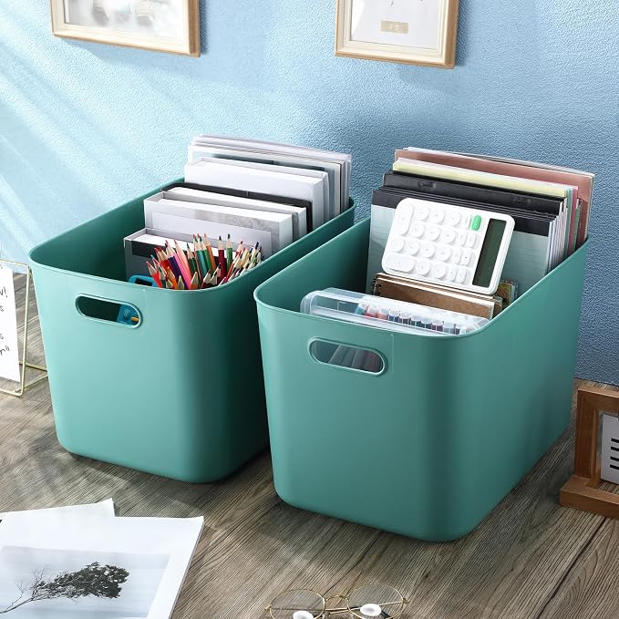 8 Pack Storage Bins, 14.2 X 10.2 X 9.5 Inch Green | Plastic Stackable Containers with Lid Handle, For Shelves Desktop Playroom Office, Organizing Toys Books Supplies Storage - Image 4