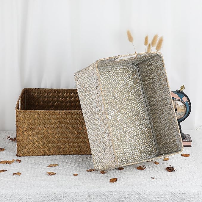 Hipiwe Seagrass Storage Basket Bin Rectangular Handwoven Wicker Storage Box with Handle Opened Baskets Box for Shelf Organizing Closet Bathroom, Caramel, Medium - Image 8