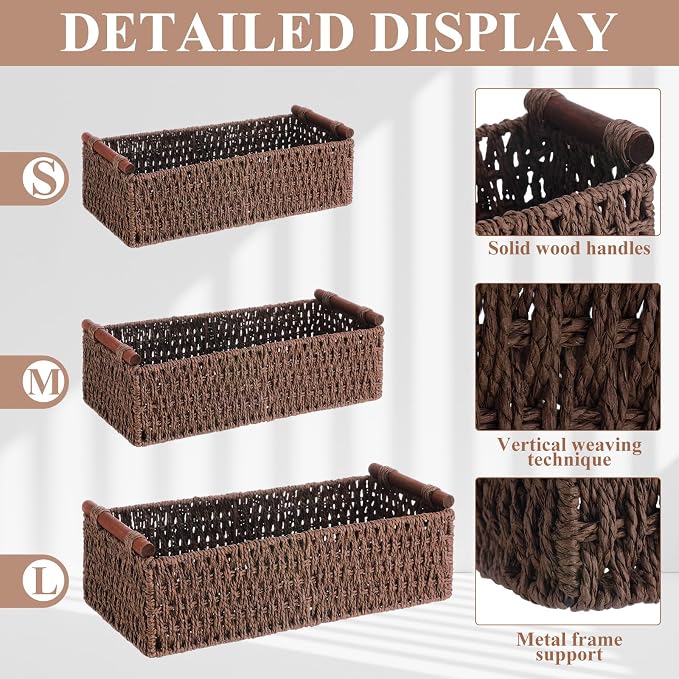 Boao 3 Pcs Boho Storage Wicker Baskets Handmade Woven Decorative Paper Rope Baskets for Organizing with Handle Countertop Toilet Paper Storage Container for Toilet Tank Top(Brown,Rectangle) - Image 3