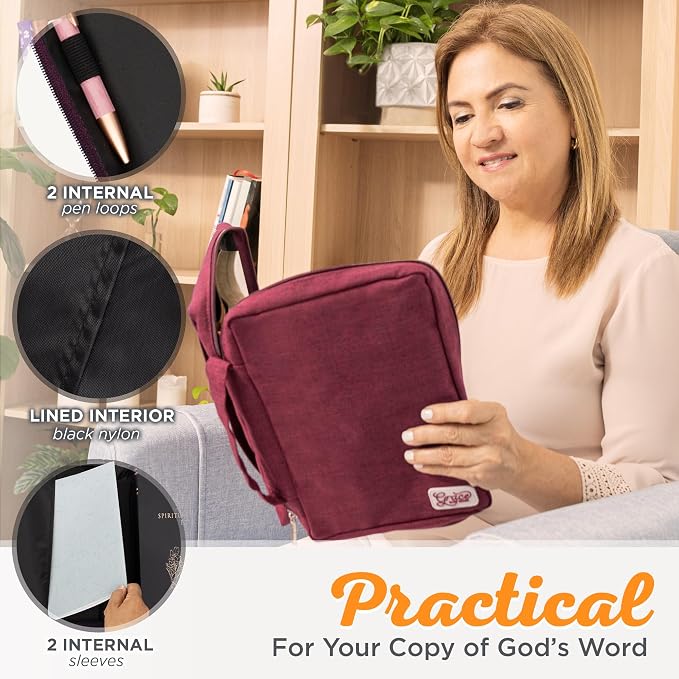 Christian Art Gifts Value Poly-Canvas Bible Cover Case for Women: Grace Upon Grace - John 1:16 Inspirational Scripture w/White Rubber Badge, Pocket, Pen Loops to Organize Accessories, Plum, Medium - Image 7