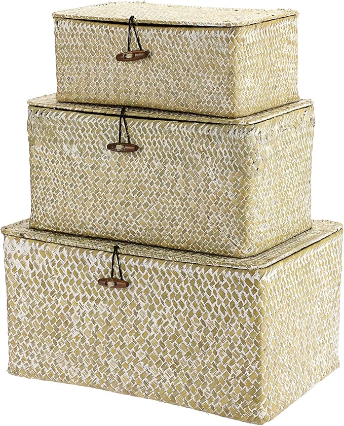 Hipiwe Set of 3 Wicker Storage Basket Bin with Lid Large Woven Seagrass Box | Handmade Shelf Basket Bins Rectangular Nesting Household Organizer Boxes for Shelf Closet Wardrobe Organizer, Whitewash by Hipiwe