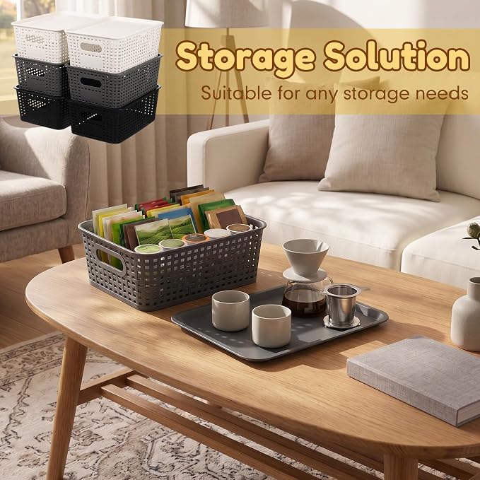 12 Pack Plastic Storage Baskets with Lids Stackable Organizing Bins Storage Baskets Organizers and Containers for Closet, Pantry, Office, 10.2 x 7.2 x 4.1 Inches(Classic Color) - Image 6