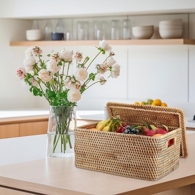Hipiwe Rattan Basket With Lid Rectangular Lidded Basket Wicker Storage Bin | Hand-Woven Natural Basket Box for Shelf Organizing Picnic Food Bread Table Storage Basket, 15.1 x 11.2 x 7.3 Inch - Image 3