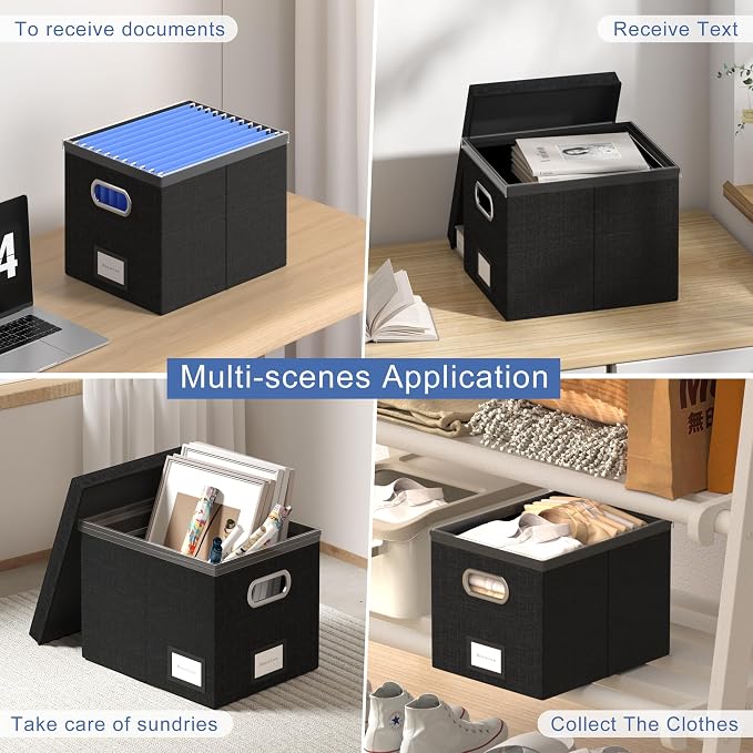 File Organizer Box - File Boxes for Hanging Files with Lid Set of 3 Decorative Hanging Folders Organizer with One-Piece Plastic Frame Slides (Black, 13.2 * 10.1 * 10.1in(2Pack)) - Image 4