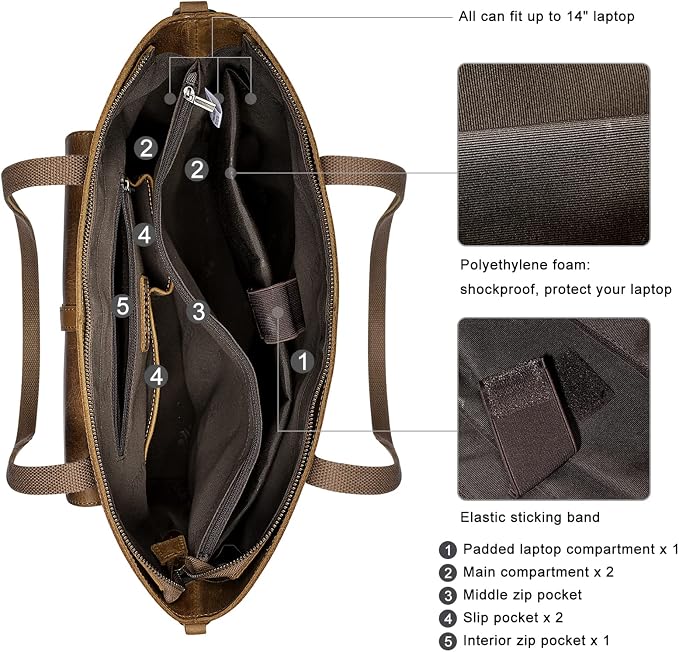 S-ZONE Women Vintage Genuine Leather Tote Bag Large Shoulder Purse Work | 14" Padded Laptop Compartment, Detachable Long Strap, Luggage Strap, Multi Pockets, Travel Everyday - Image 4