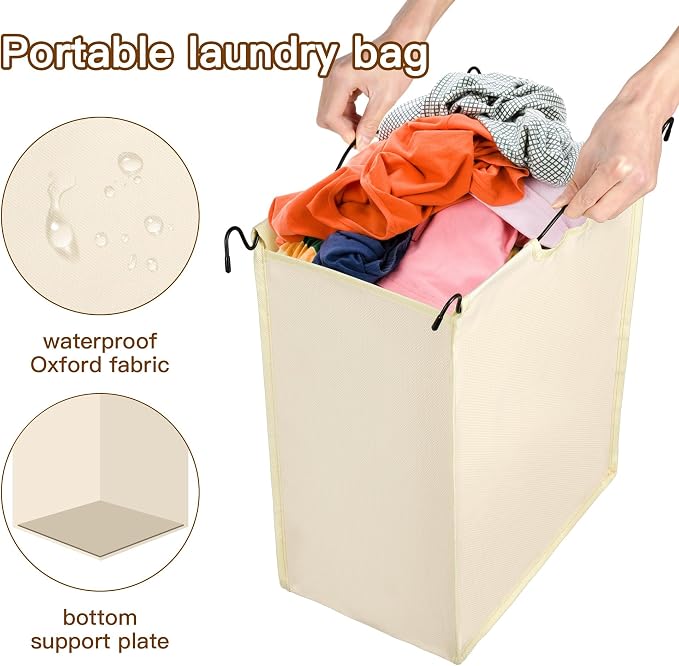 MYOYAY 3 Section Laundry Sorter with Garment Hanging Bar Rack Foldable Ironing Board, Laundry Basket Organizer Heavy Duty Laundry Hamper Rolling Cart with Lockable Wheels and 3 Removable Bags - Image 5