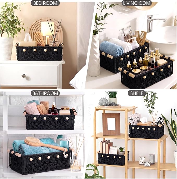 Vesici 4 Pcs Black Macrame Storage Basket for Shelves 13 in 11 in Boho Storage Basket Hand Woven Boxes with Wood Handles Beads Decorative Countertop Toilet Tank Cabinet Organizer for Home Room Decor - Image 4