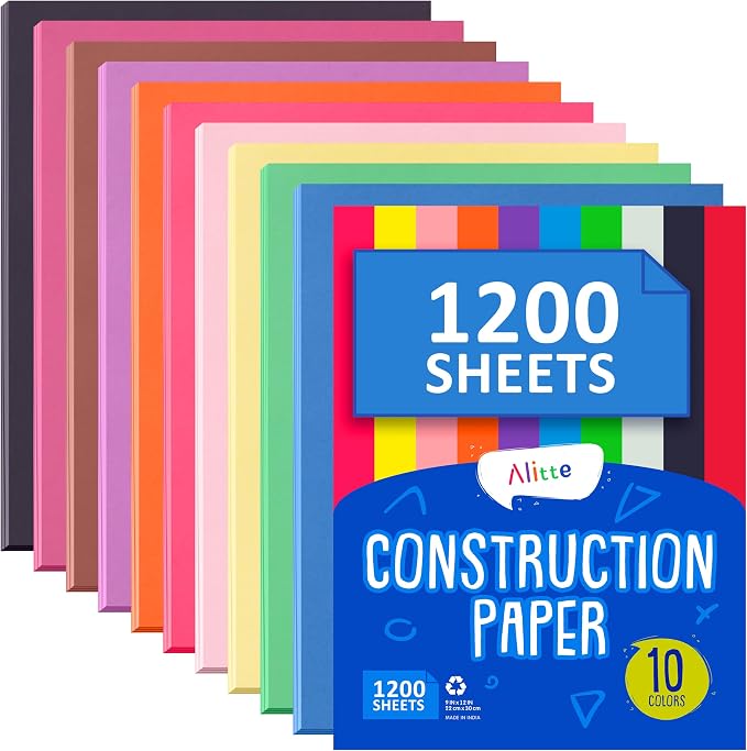 Alitte Construction Paper Assorted Colors - (1200 Sheets, 9x12), Craft Paper, 10 Bright Colors - Bulk Pack Arts & Crafts Projects - Colored Paper for Preschool, Home, and Classroom Supplies by Alitte