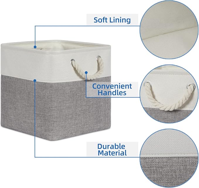 Temary Fabric Storage Baskets for Organizing, Grey Basket for Shelves, Collapsible Baskets with Handles for Shelves, Home, Closet (White&Gray) - Image 4