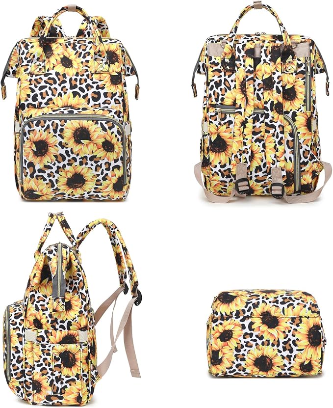 Leopard Sunflower Baby Diaper Bag Backpack for Girls Boys, Waterproof Large Maternity Nappy Bags for Mom - Image 6