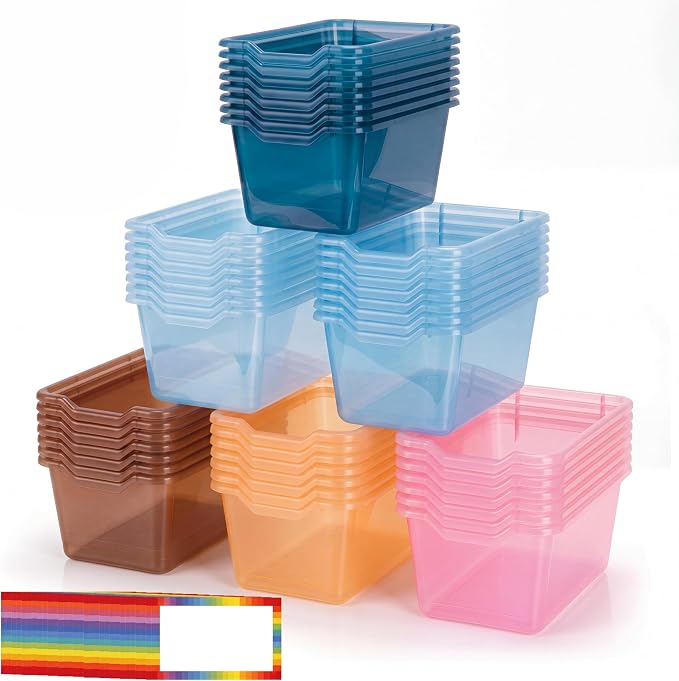 Funrous 48 Pack Plastic Cubby Bins for Classroom, Stackable Storage Bins with Rainbow Labels and Handles Cubby Organizer Containers for Teacher Supplies Home Office Daycare and Playroom (Blue) by Funrous