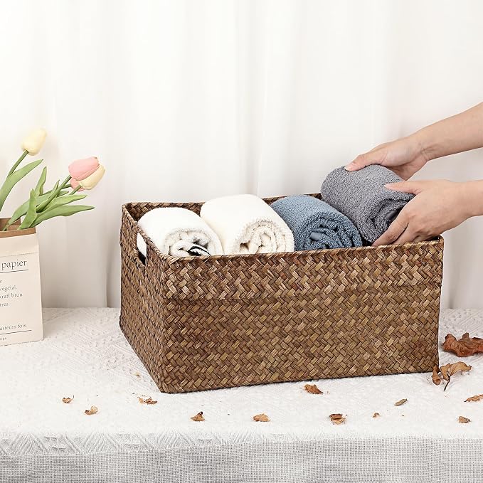 Hipiwe Seagrass Storage Baskets Bin for Shelf, X-Large Woven Wicker Basket | Rectangular Bathroom Baskets Organizer Built-in Handles, Multipurpose Storage Basket Bin, 16.1"L x11.8"W x7.7"H - Image 4