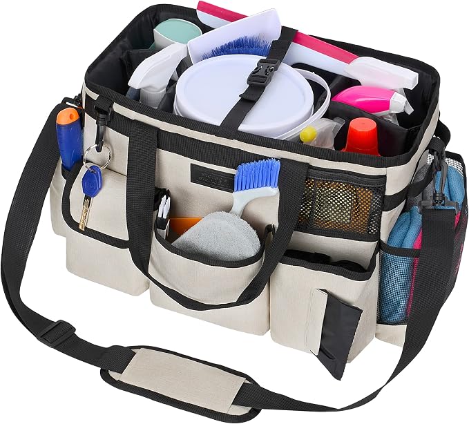 Cleaning Caddy Organizer with Handle - Large Caddy Bag for House & Bathroom Cleaning Supplies, 15 x 8 x 10.5 inches Cleaning Supply Caddy, Housekeeping Tote with Adjustable Strap - Beige - Image 9