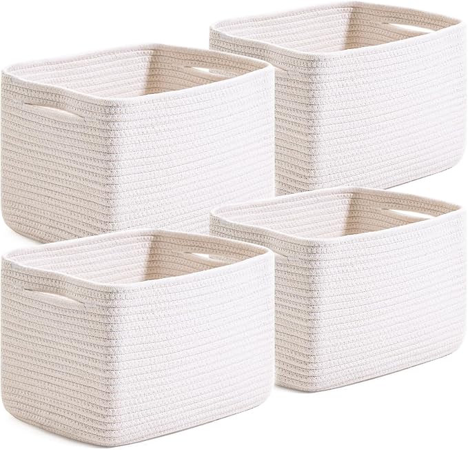 White Storage Baskets for Organizing, Woven Storage Baskets for Shelves, Cotton Rope Basket for Storage, Cute Rectangular Book Toy Basket, 12.7"×9.1"×7.9", 4 Packs, Off White by Unknown
