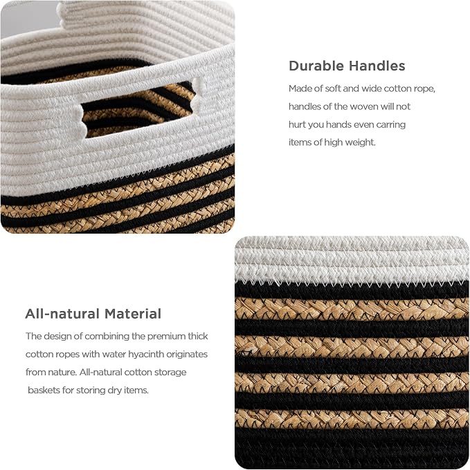 UBBCARE Set of 4 Storage Cubes 11 X 10.5 X 10.5 in, Water Hyacinth Storage Bins for Shelves, Toys, Books, Organizing Baskets with Handles, Cotton Rope Woven Baskets, Black - Image 3