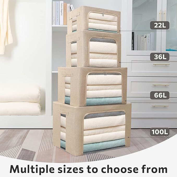 FHSQX 2 Pack Clothes Storage Bins with Metal Frame, Beige, 15.7x11.8x11.7 Inch - Image 7