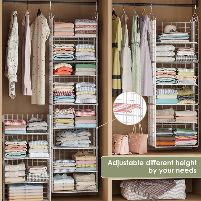 X-cosrack 8-Tier Closet Hanging Organizer Shelf - Hanging Clothes Organizer Shelves, Metal & Foldable Hanging Closet Organizer Baskets with Adjustable Dividers for Clothing Sweaters Shoes Handbags - Image 5
