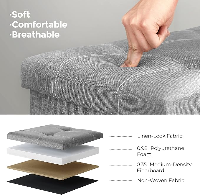 SONGMICS MAZIE Collection - 30 Inches Ottoman Storage Bench, 21 Gal. Folding Chest with Breathable Linen-Look Fabric, Load up to 660 lb, for Entryway, Living Room, Bedroom, Light Gray ULSF001G02 - Image 8