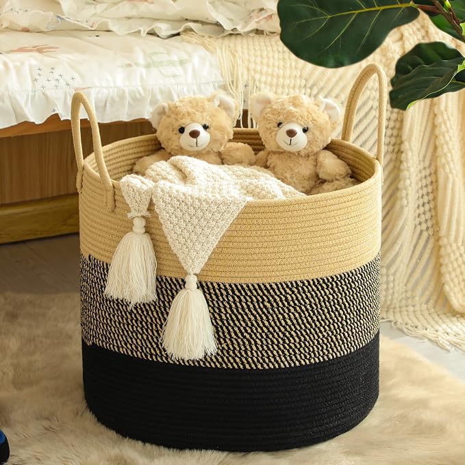 KAKAMAY Large Blanket Basket (18"x18"x16"),Woven Baby Laundry Hamper for Storage, Cotton Rope Blankets Baskets for Nursery, Laundry, Living Room, Pillows, Baby Toy Chest with Handles (Black) - Image 2