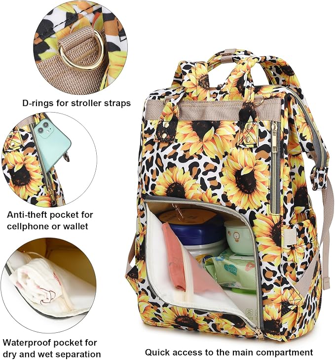 Leopard Sunflower Baby Diaper Bag Backpack for Girls Boys, Waterproof Large Maternity Nappy Bags for Mom - Image 3