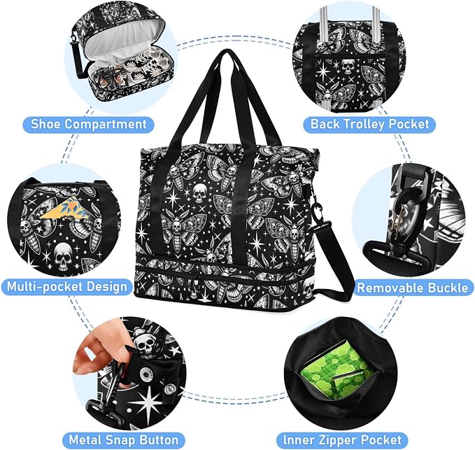 Travel Duffel Tote Bag Digital Skull Head Moth Sports Duffel Bag with Wet Pocket Weekender Overnight Bag for Women Men Gym Bag, Carry On Bag Hospital Bag for Labor and Delivery - Image 2