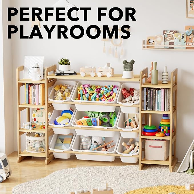 SpaceAid Large Toy Storage Organizer 9 Shelves 9 Bins, Toy Organizers Storage Bookshelf, Kids Bin Shelf Toys Box Bookcase for Bedroom Playroom Organization Room Decor, White - Image 3