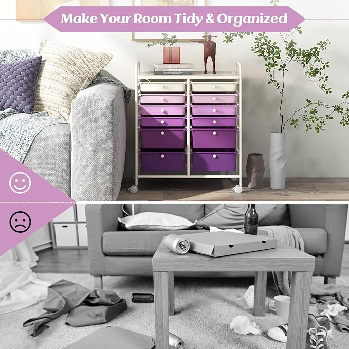 12 Drawer Rolling Storage Cart, Craft Cart Organizer on Wheels with Metal Frame, Large Capacity & Smooth Drawers for Living Room, Classroom, Office (Gradient Purple) - Image 6