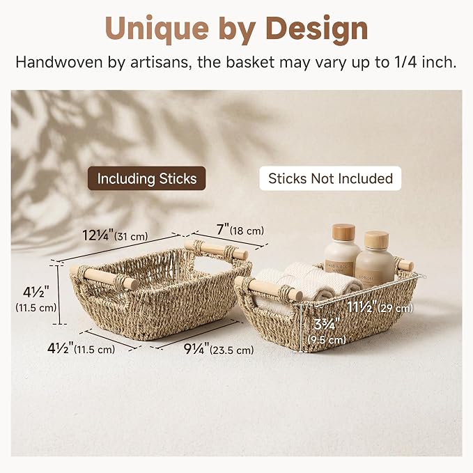 StorageWorks Small Baskets for Shelf, Seagrass Woven Basket for Gifts | Wicker Storage Baskets for Shelves, Baskets with Wooden Handles, 2-Pack Gifts Basket for Home Decor, Hand-Woven Basket - Image 3