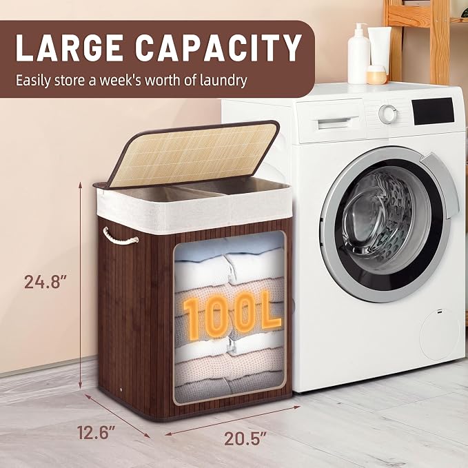 Aliphon 100L Laundry Hamper with lid, 2-Section Clothes Laundry Basket with Handles, Large Collapsible Bamboo Baskets for Bedroom, Bathroom, Dorm, Brown - Image 2