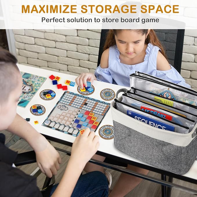 Board Game Storage Kit Include Storage Basket and 10pcs Zipper Bags, Board Game Organizer with Writable Stickers and Dispensing, Suitable for Puzzle Storage, Toys, Document (1 Pack-Grey) - Image 6