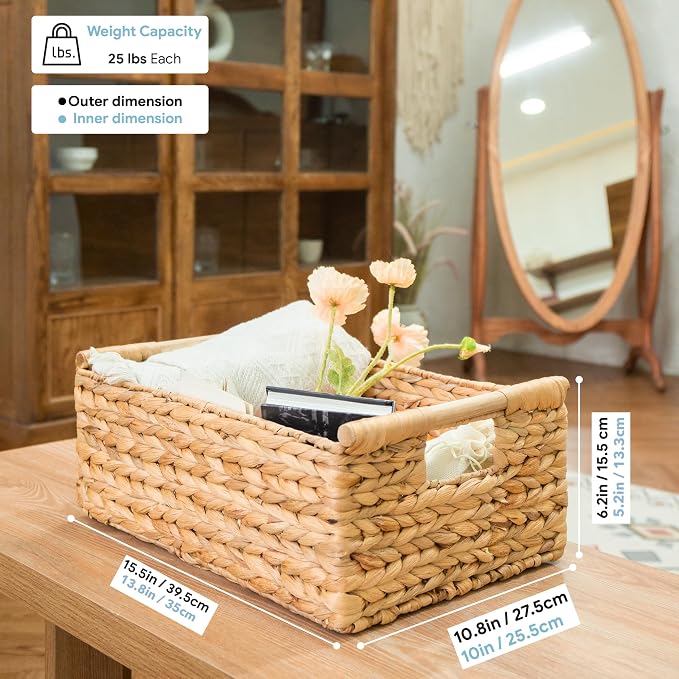 VATIMA Hyacinth Large Wicker Basket 15.5x10.8x6.2" | Rectangular, Wooden Handles, Shelf Organizer - Image 3