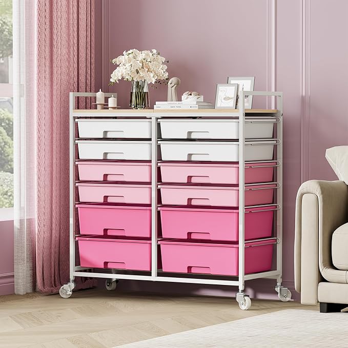 TOOLF 12 Drawers Rolling Storage Cart with Wooden Top for Classroom,Pink | Teacher Cart Craft Art Supply Organizer, Utility Cart with Lockable Wheels for Home Household Essentials, Office Organization - Image 9