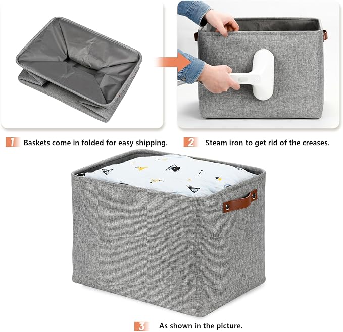 DULLEMELO Large Storage Baskets, 3 Pack Foldable Storage Baskets Bins for Colthes Organizer, Fabric Storage Organizer Baskets for Shelves Closet Nursery Toy Storage(Gray) - Image 7