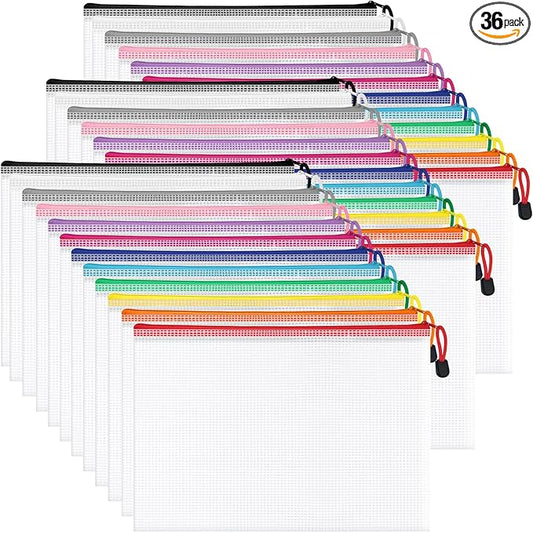 36Pack A4 Letter Size Mesh Zipper Pouch Bags, 12 Colors | Waterproof Document Zipper Pouches for Storage, Teacher School, Toys, Puzzle, Office, Travel, Craft by Aubeco
