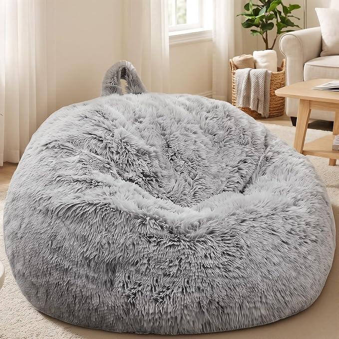 Stuffed Animal Storage Bean Bag Chair Cover, Soft Bean Bag Cover | Fluffy Faux Fur Stuffed Animal Storage Chair, Non-Slip Bottom, Fill with Plush Toys or Blankets, for Adults Teens Kids Girls by AZHCHKE
