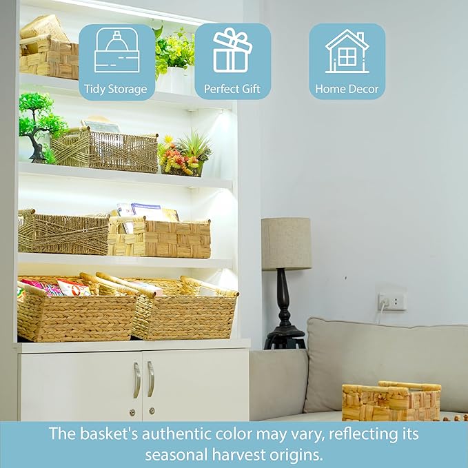 VATIMA Extra Large Wicker Basket Rectangular with Wooden Handles for Shelves, Water Hyacinth Basket Storage, Natural Baskets for Organizing, Wicker Baskets for Storage 16.7"x12.4"x7" - Image 5