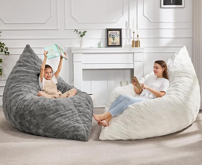 Hobestluk Adult Bean Bag Chair 3 in 1 Convertible Large Bean Bag Sofa | Plaid White,Machine Washable,Removable Cover,Easy Convert And Install, Oversied Floor Bed,For Livingroom Bedroom - Image 2