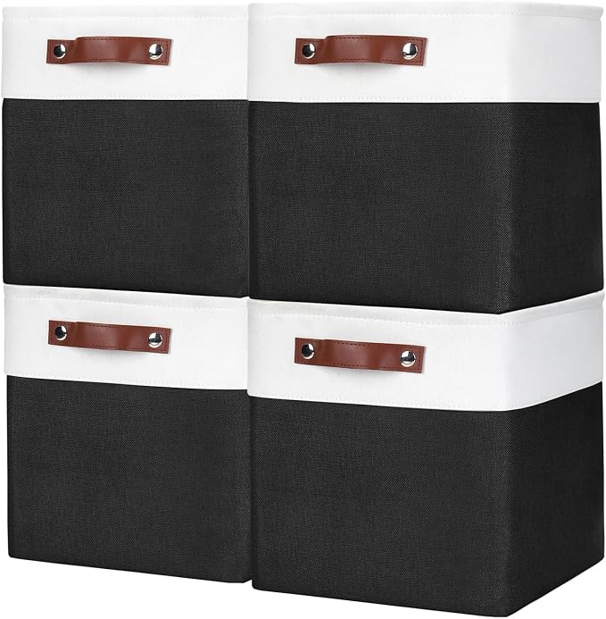 Collapsible Fabric Storage Cubes 11x11 Cube Storage Bins, 4 Pack Closet Baskets Box with Handles for Organizing, Shelf, Toys, Clothes, Home, Office, Nursery (Black&White) by Bagnizer