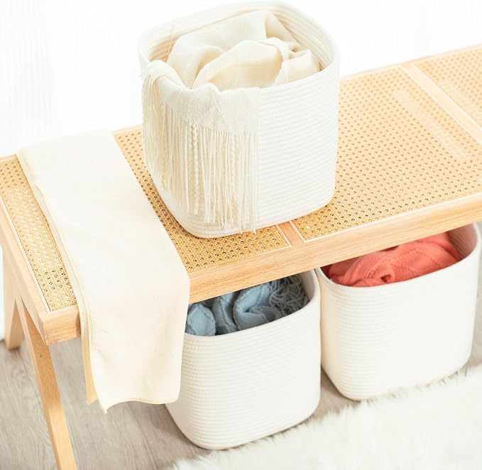 3-Pack 11x11in Woven Cube Storage Bin and Shelf Baskets, Cute Decorative Square Organizer for Closet, Classroom, Bathroom, Dog and Cat Toys, and Books, Creamy White - Image 6
