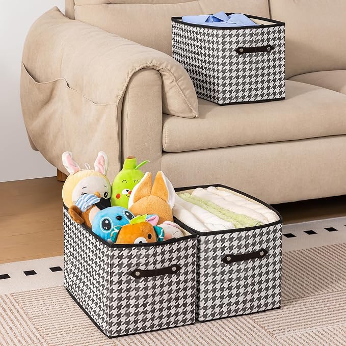 1 Pack Large Collapsible Storage Baskets for Shelves,14.9"x9.5" Fabric Closet storage Boxes with Leather Handles,Decorative Organizers Storage Bins for Clothes,Sheets,Toys,Books,(Houndstooth - Image 4