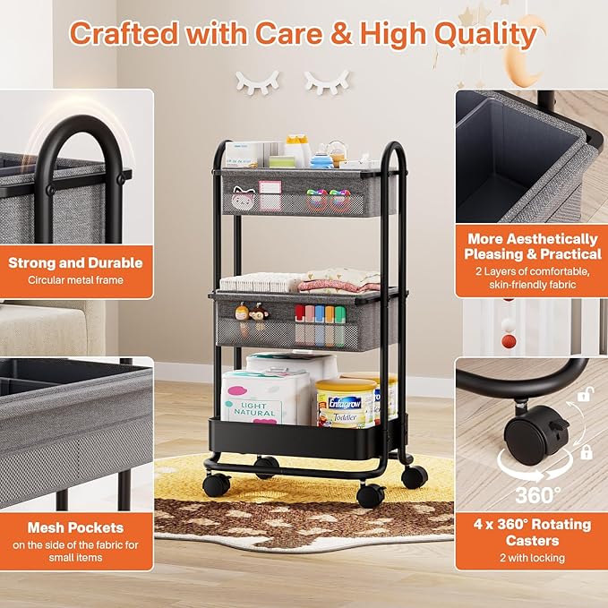 Modanais Baby Diaper Caddy Organizer Cart - 3 Tier Rolling Cart, Black | Lockable Wheels, Baby Essentials Nursery Storage, Detachable Dividers - for Crib, Bedroom, Art & Craft Organizer - Image 3