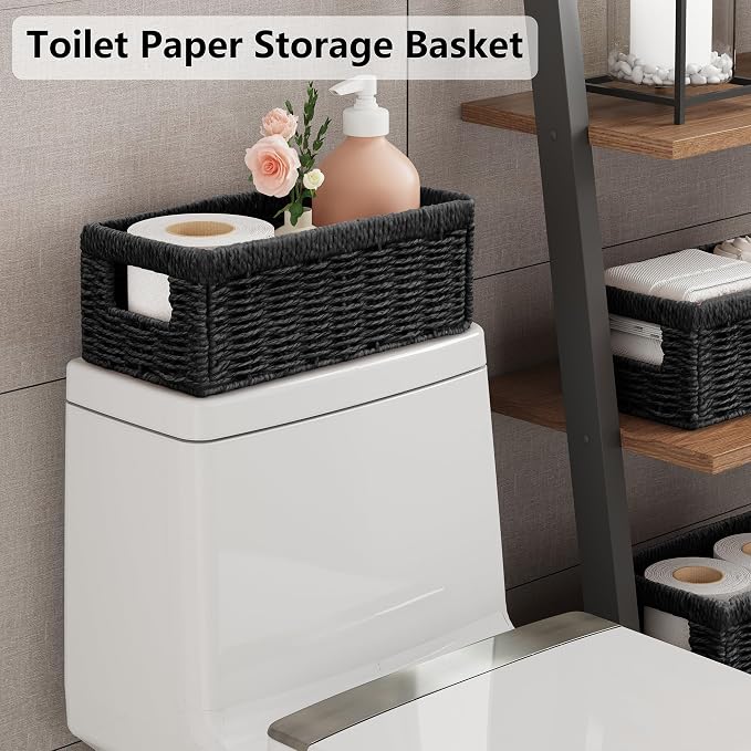 Wicker Storage Basket, Set of 2 Hand Woven Wicker Baskets for Organizing with Handles, Decorative Small Storage Bins for Countertop Toilet Paper Basket for Toilet Tank Top, Shelves, Black - Image 3