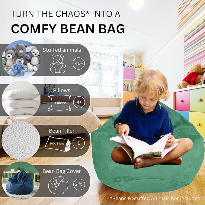 Bean Bag Stuffed Animal Storage Chair Cover (No Filler) for Kids and Adults. Extra Large Bird's Nest Beanbag Memory Foam Soft Premium (Green, 2.5 ft (Cover Only)) - Image 2