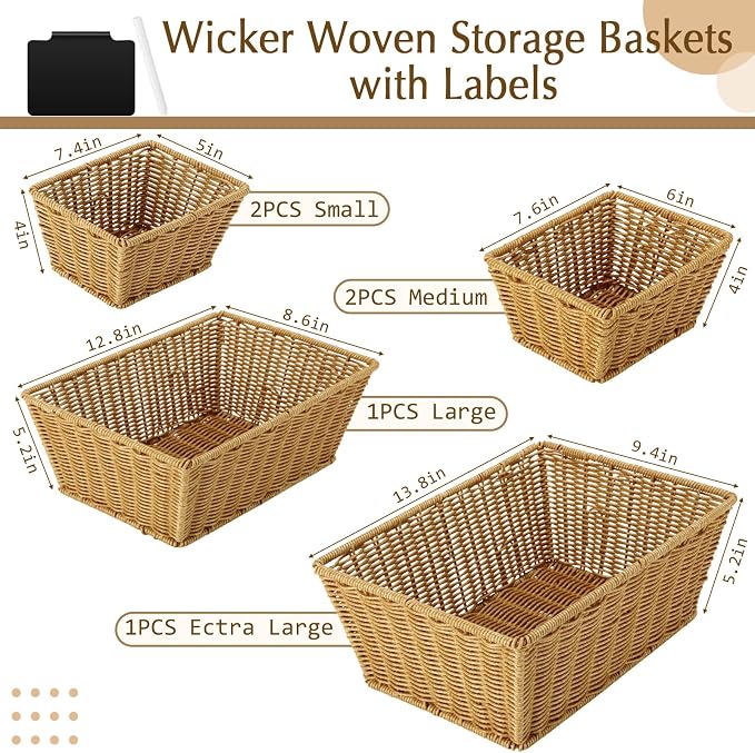 Marsui 6 Pcs Wicker Storage Baskets for Pantry Organization with Labels Handwoven Multi-size Natural Wicker Storage Bins for Organizing Small Baskets Container for Shelves Closet Toilet - Image 2