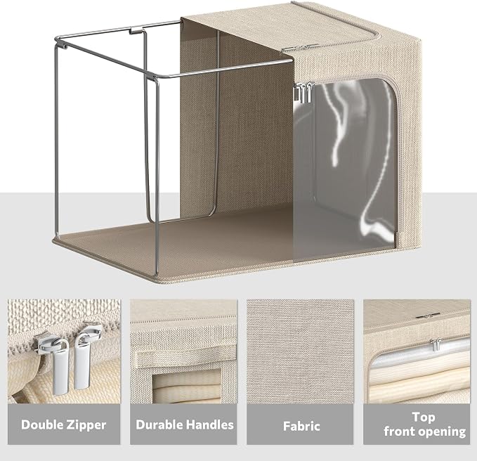 CYhom 4 Pack Clothes Storage Bins with Metal Frame - Linen Fabric Foldable Stackable Container Organizer Set with Clear Window & Carry Handles & Zippers (Beige, 23.6"x16.5"x15.7") - Image 5